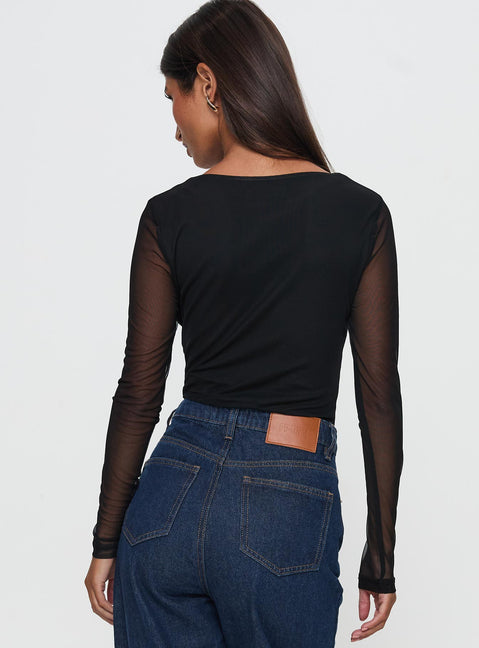 back view of model wearing Princess Polly Delanee Mesh Detail Long Sleeve Bodysuit Black Long Sleeve Tops Bodysuit 