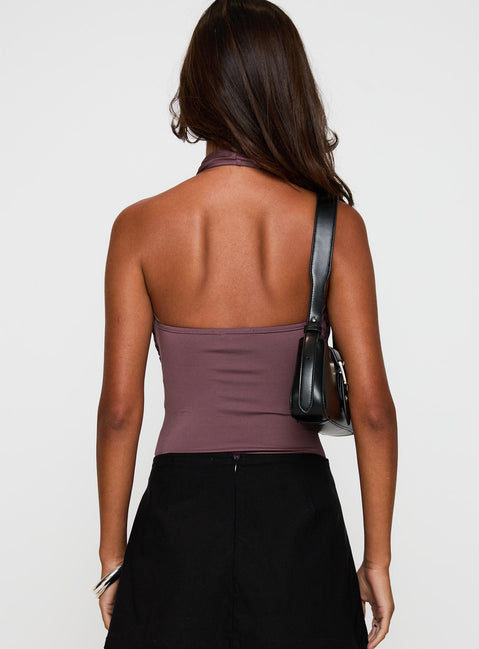back view of model wearing Princess Polly Shoot A Shot Wrap Detail Bodysuit Plum Sleeveless Bodysuit 