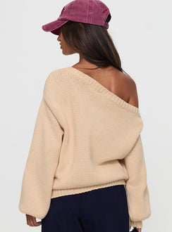 back view of model wearing Princess Polly Jadynn Off Shoulder Knit Sweater Cream Jumpers 