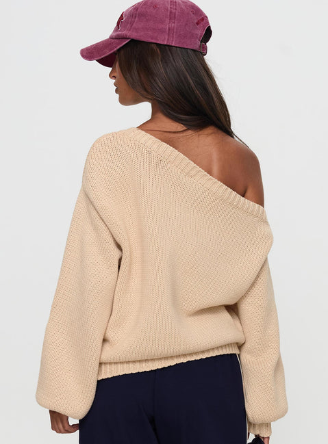 back view of model wearing Princess Polly Jadynn Off Shoulder Knit Sweater Cream Jumpers 