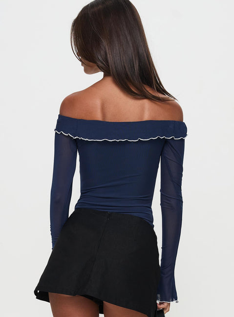 back view of model wearing Princess Polly Arsema Off The Shoulder Bodysuit Navy Long Sleeve Tops Bodysuit 