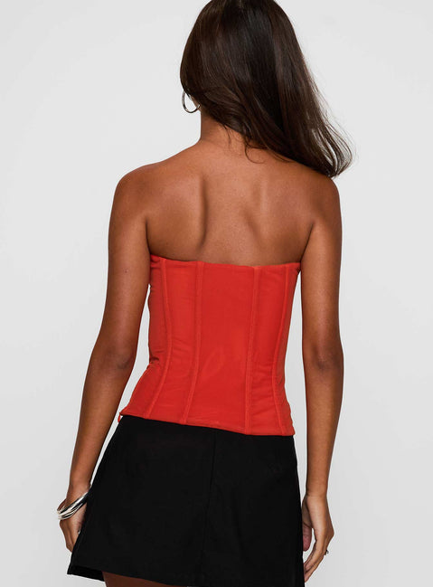 back view of model wearing Princess Polly Moneypenny Strapless Top Orange Sleeveless straight 