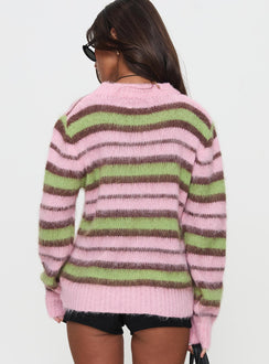 back view of model wearing Princess Polly Maysie Crew Neck Knit Sweater Green / Pink Longline Jumpers Jumpers 