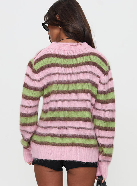back view of model wearing Princess Polly Maysie Crew Neck Knit Sweater Green / Pink Longline Jumpers Jumpers 