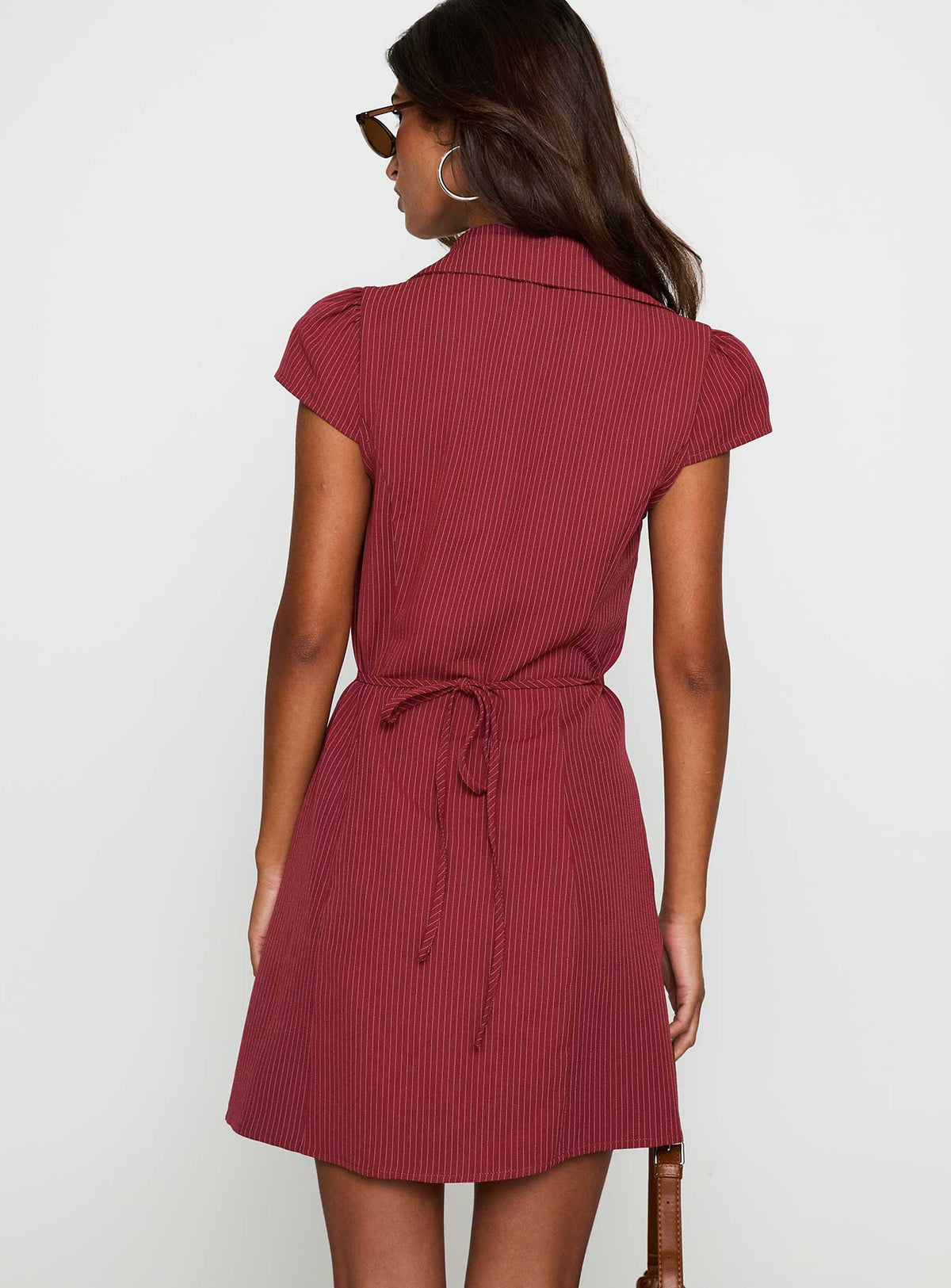back view of model wearing Princess Polly Arianwyn Mini Dress Burgundy V-Neck 