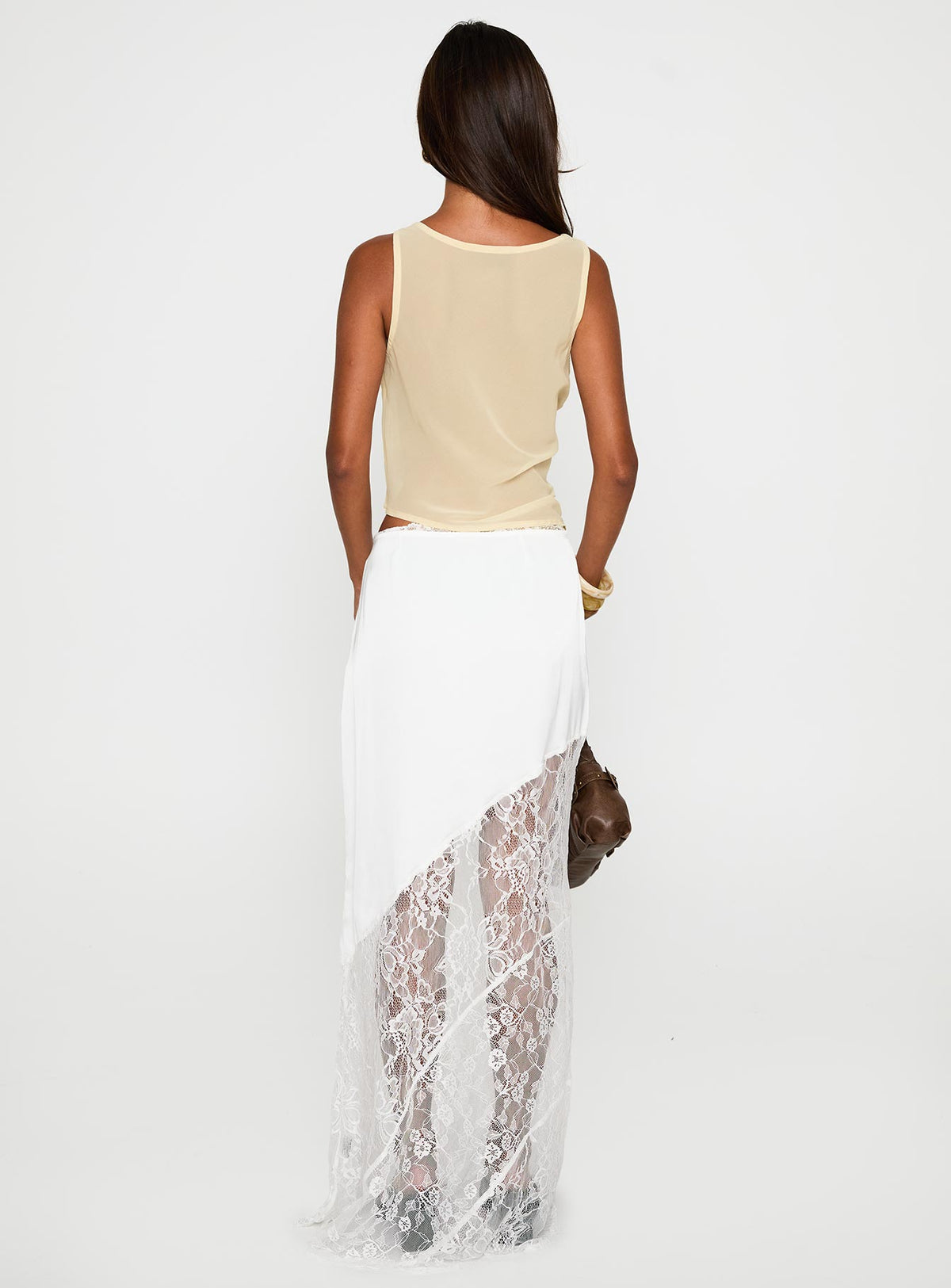 back view of model wearing Princess Polly Castelli Lace Maxi Skirt White Maxi 