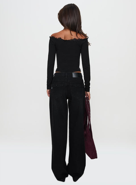 back view of model wearing Princess Polly Everlong Mid Rise Straight Leg Jeans Mid Black Wash High Rise Jeans Jeans 