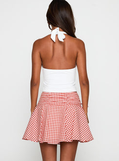 back view of model wearing Princess Polly Sweet Verona Ruched Mini Skirt Red Check Mini Skirts Skirts 
