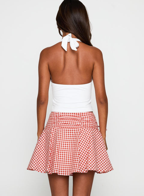 back view of model wearing Princess Polly Sweet Verona Ruched Mini Skirt Red Check Mini Skirts Skirts 