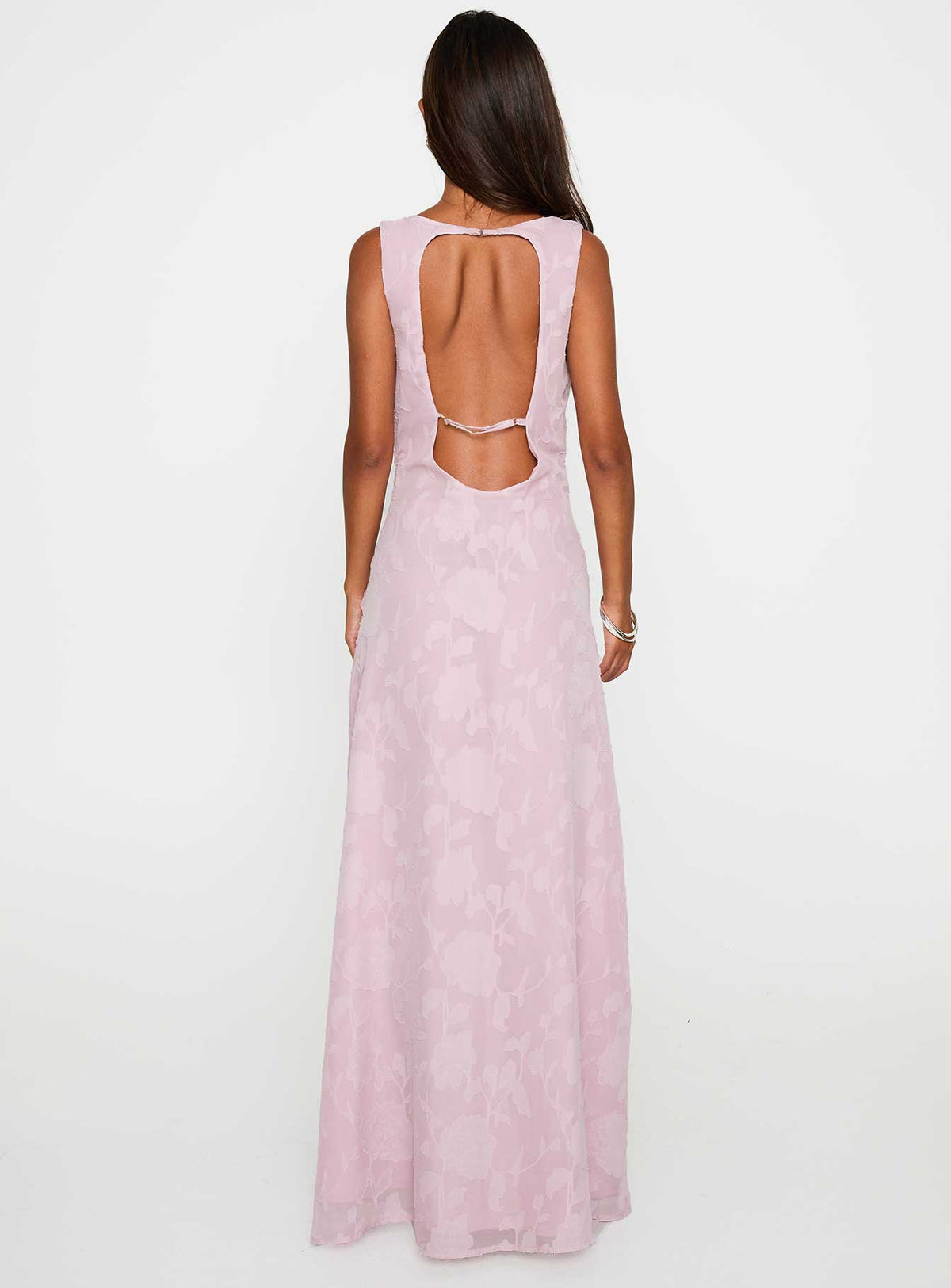 back view of model wearing Princess Polly Frederica Plunge Burnout Maxi Dress Mauve Plunger 