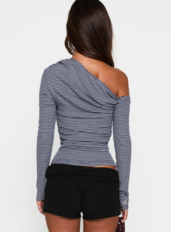 back view of model wearing Princess Polly Beller Long Sleeve Top Navy Stripe Full Sleeves Asymmetric Neckline 
