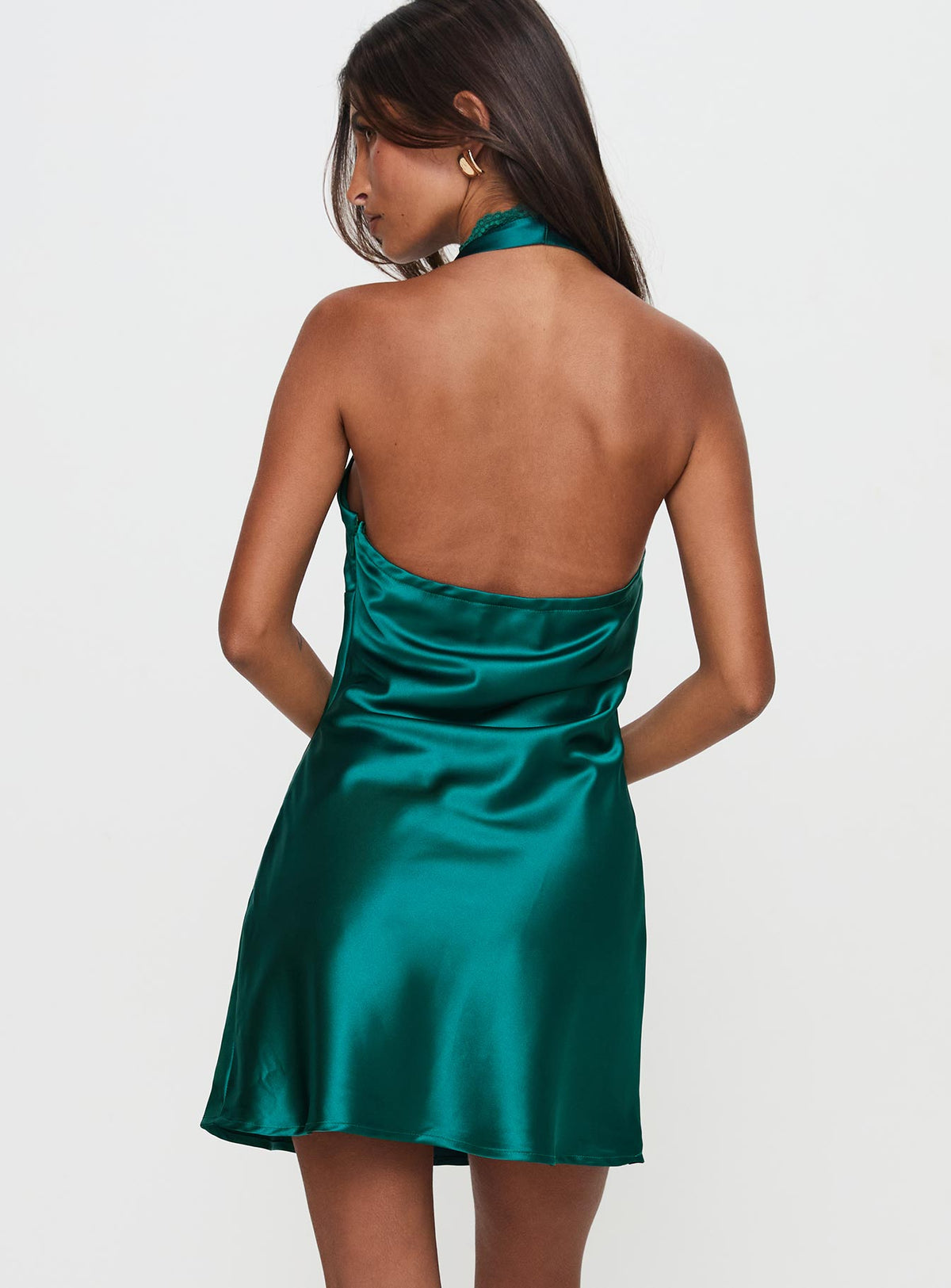 back view of model wearing Princess Polly Yessenia Halter Mini Dress Green Plunger 