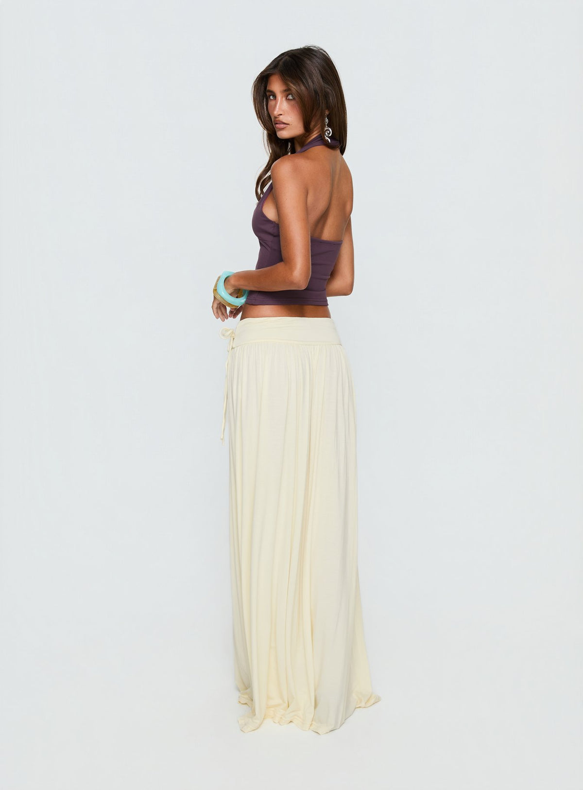 back view of model wearing Princess Polly Velvet Storm Tie Detail Flowy Maxi Skirt Cream Maxi Skirts Skirts 