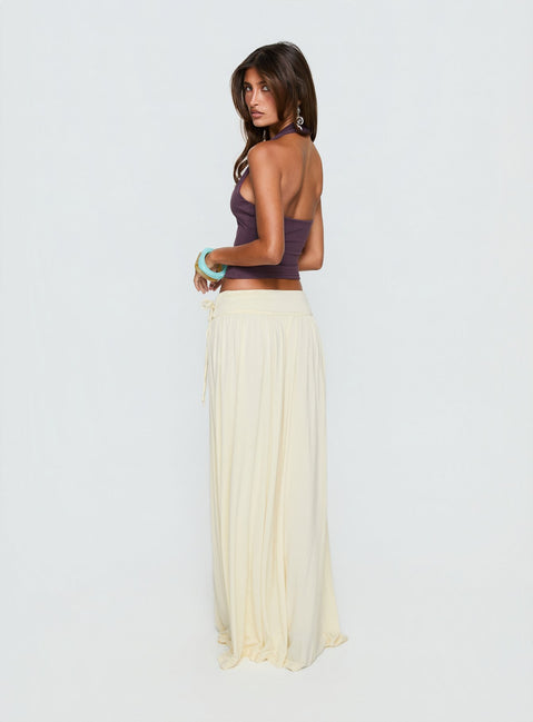 back view of model wearing Princess Polly Velvet Storm Tie Detail Flowy Maxi Skirt Cream Maxi Skirts Skirts 