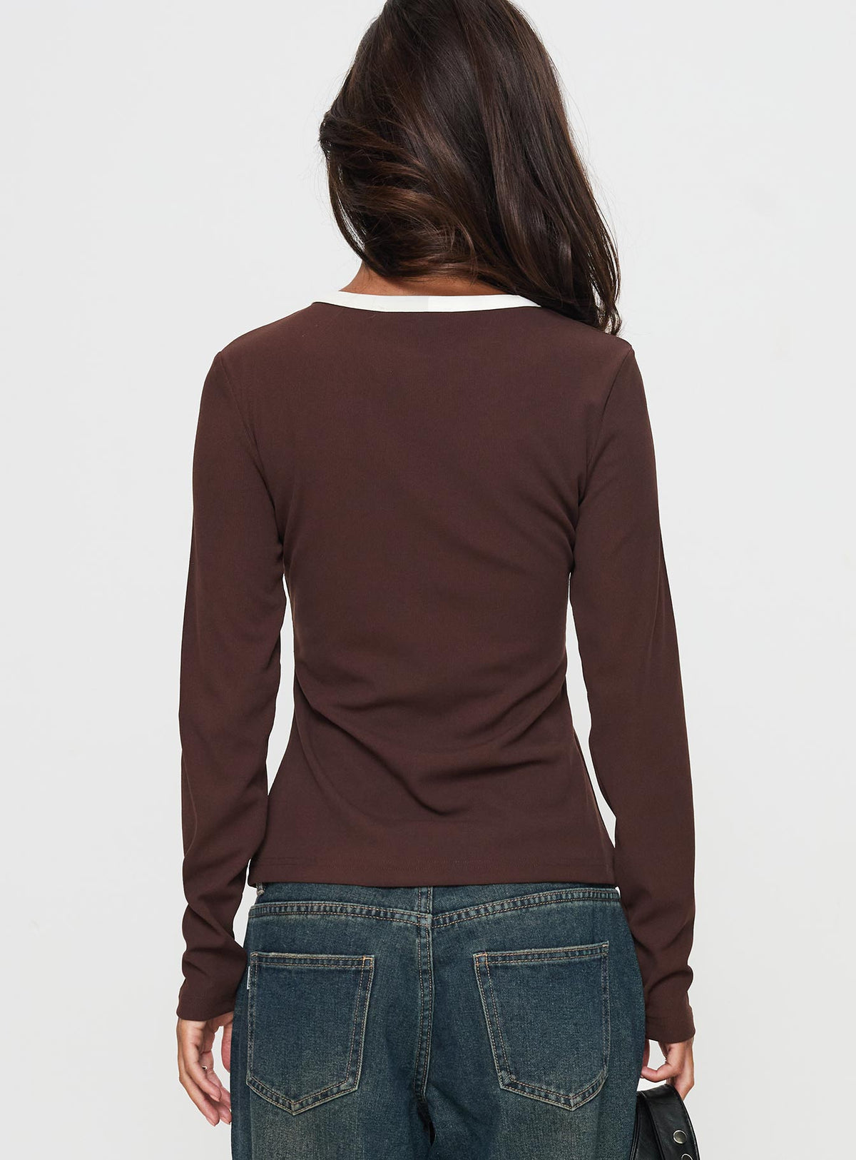 back view of model wearing Princess Polly Phaidra Button Up Long Sleeve Top Brown Full Sleeves Scoop Neck 