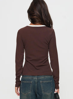 back view of model wearing Princess Polly Phaidra Button Up Long Sleeve Top Brown Full Sleeves Scoop Neck 