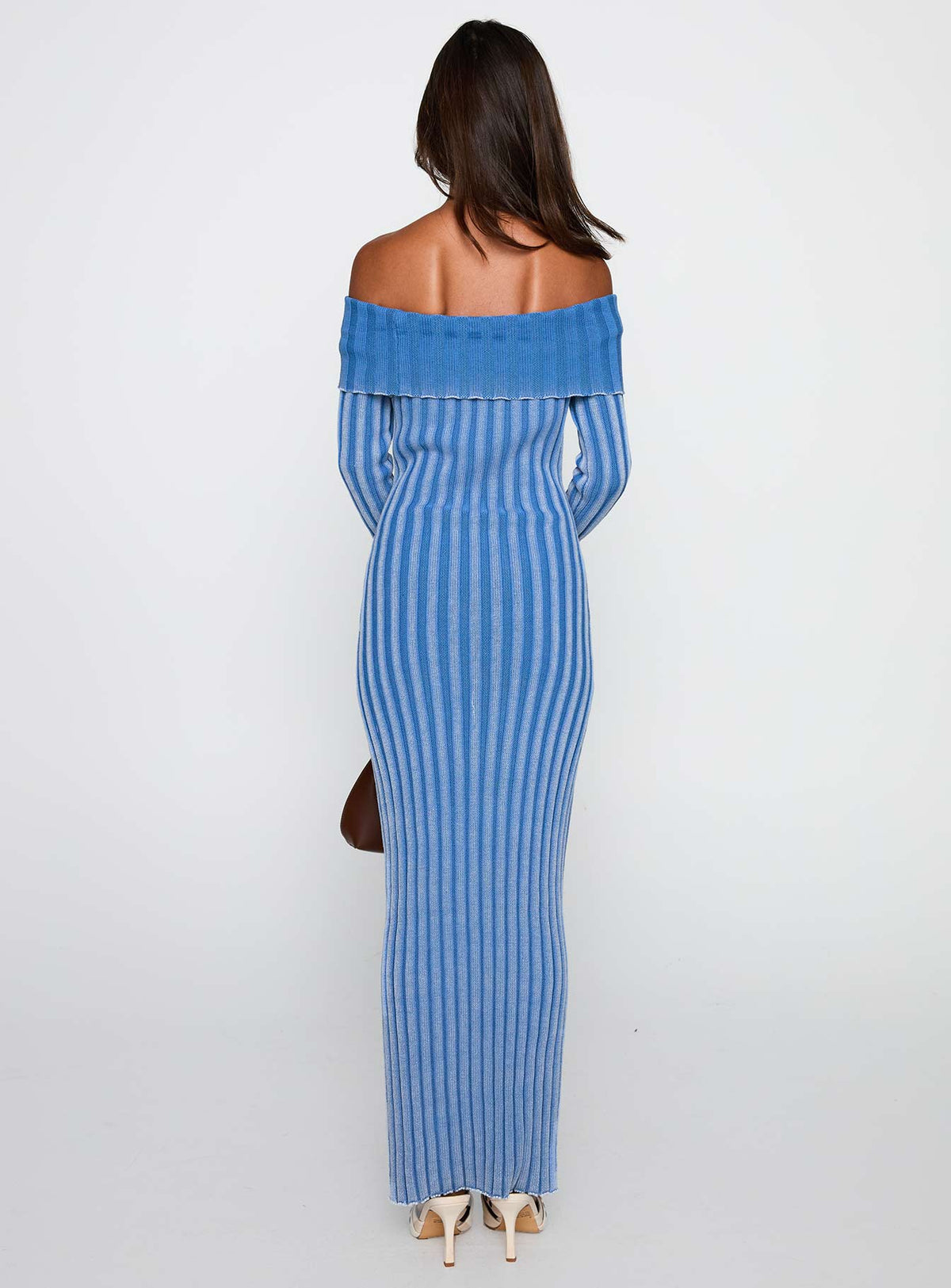 back view of model wearing Princess Polly Mariska Long Sleeve Rib Maxi Dress Blue Straight Neck 