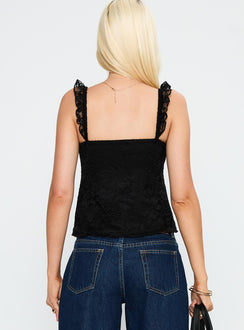 back view of model wearing Princess Polly Madaleine Lace Top Black Sleeveless Scoop Neck 