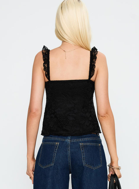 back view of model wearing Princess Polly Madaleine Lace Top Black Sleeveless Scoop Neck 