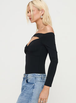 side view of model wearing Princess Polly Bleue Long Sleeve Bodysuit Black Long Sleeve Tops Bodysuit 