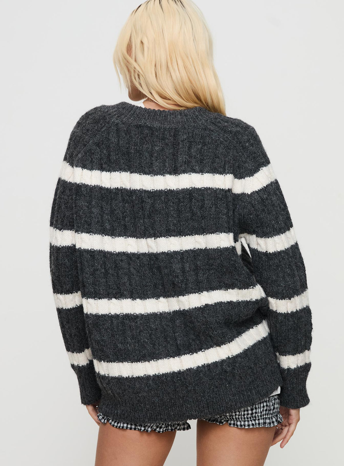 back view of model wearing Princess Polly Percivill Knit Sweater Grey / Cream Longline Jumpers Jumpers 