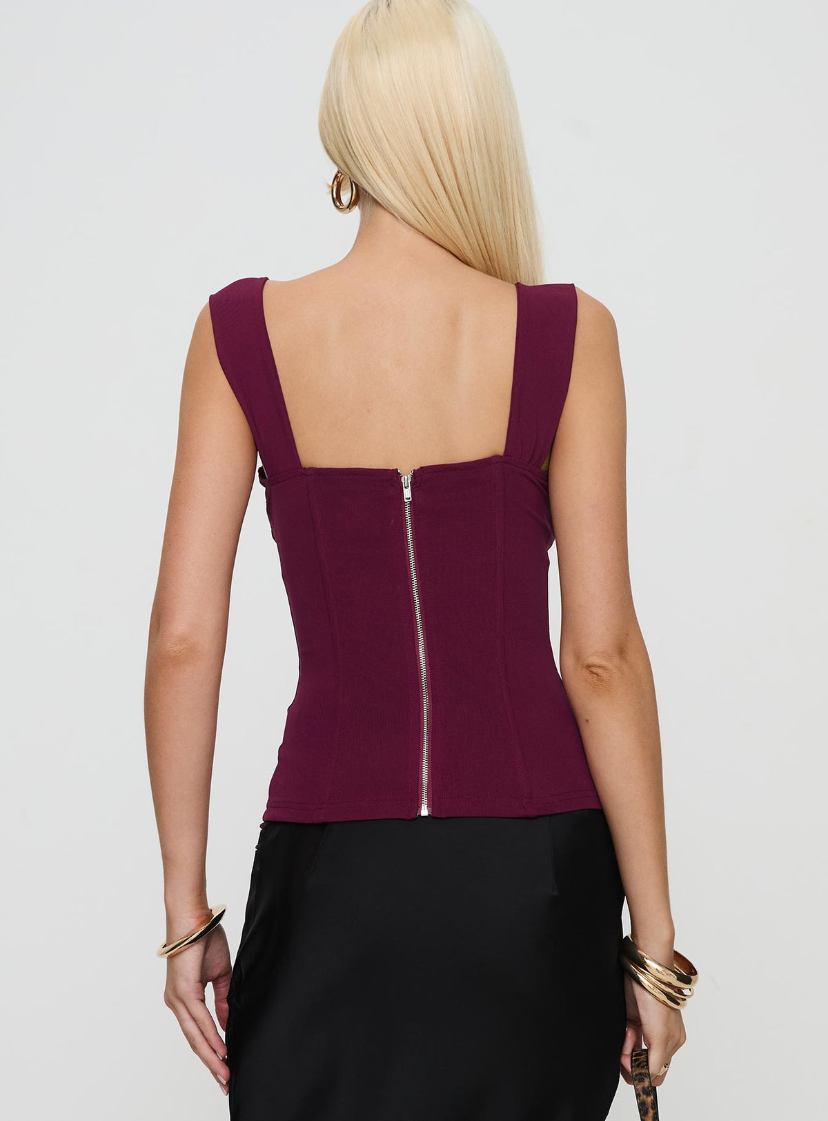 back view of model wearing Princess Polly Kyrie Longline Corset Top Purple Sleeveless Sweetheart 