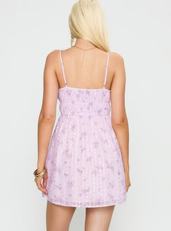 back view of model wearing Princess Polly Wysteria Mini Dress Purple / Multi Sweetheart Neckline 