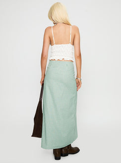 back view of model wearing Princess Polly Macadamia Maxi Skirt Green / White Maxi Skirts Skirts 
