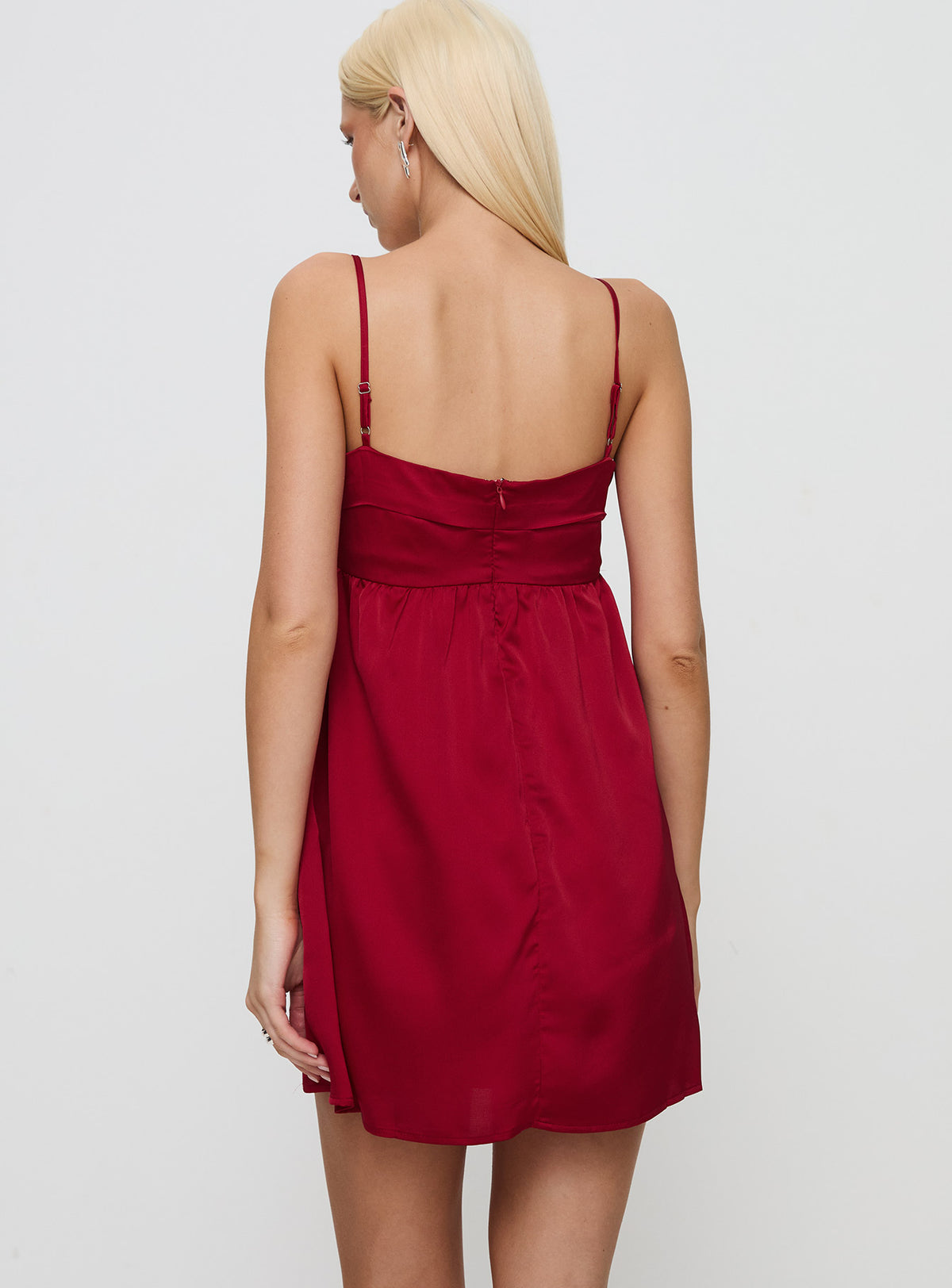 back view of model wearing Princess Polly Ortega Mini Dress Red Square Neck 