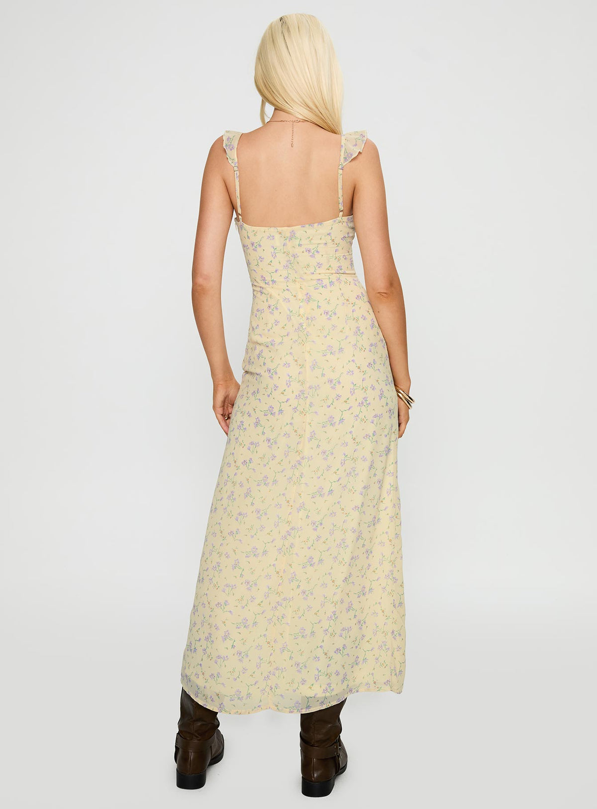 back view of model wearing Princess Polly Jayne Frill Maxi Dress Multi Plunger 