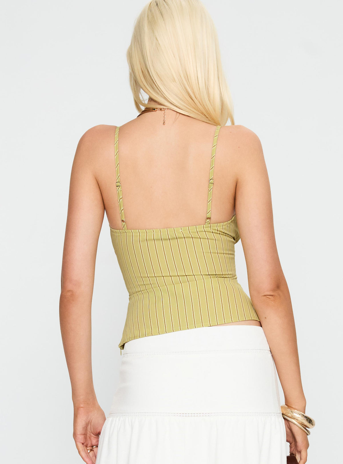 back view of model wearing Princess Polly Lucky Babe Cami Top Sage Stripe Sleeveless Plunger 