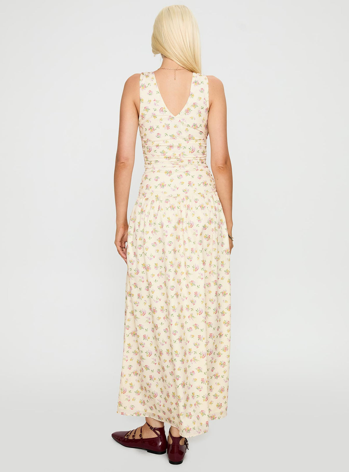 back view of model wearing Princess Polly Esthie Maxi Dress Multi Floral V-Neck 