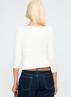 back view of model wearing Princess Polly Desirae 3/4 Sleeve Top White Three Fourth Sleeves Scoop Neck 