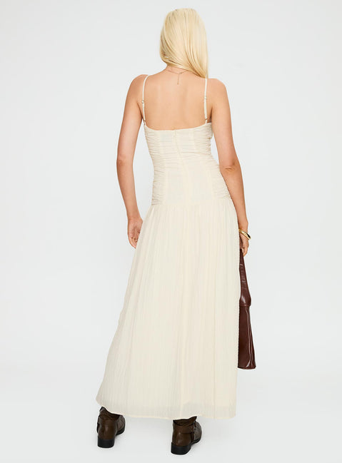 back view of model wearing Princess Polly Quinley Shirred Maxi Dress Cream Scoop Neck 