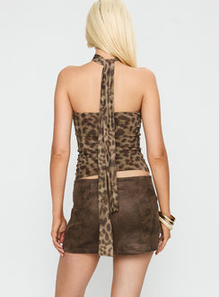back view of model wearing Princess Polly Running Away Faux Suede Mini Skirt Brown Skirts 