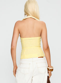 back view of model wearing Princess Polly Dress You Up Tie Up Top Lemon Pinstripe Sleeveless Plunger 