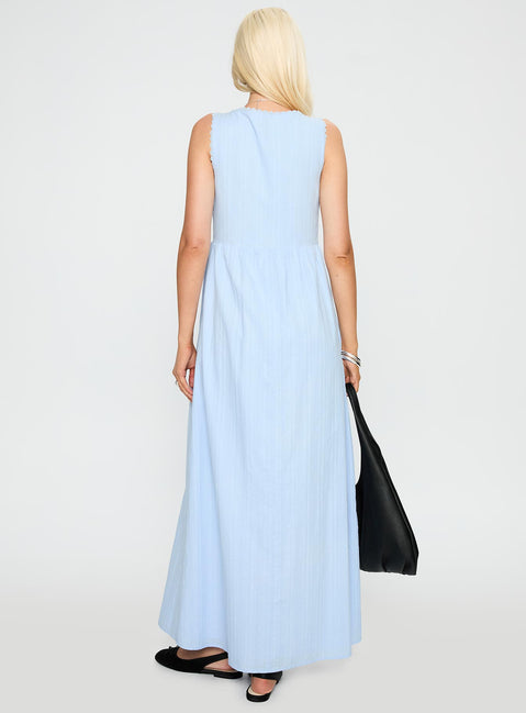 back view of model wearing Princess Polly Elyza Maxi Dress Blue Plunger 
