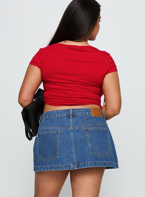 back view of model wearing Princess Polly Nicolina Low Rise Denim Mini Skirt Light Wash Curve Mini Skirts Skirts 