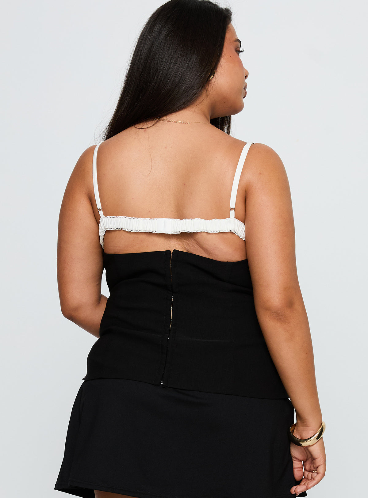 back view of model wearing Princess Polly Renaissance Corset Lace Top Black / White Curve Sleeveless Square Neck 