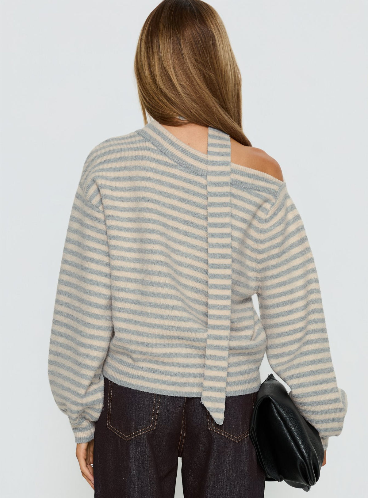 back view of model wearing Princess Polly Ruthi Scarf Off Shoulder Knit Sweater Neutral Stripe Jumpers 