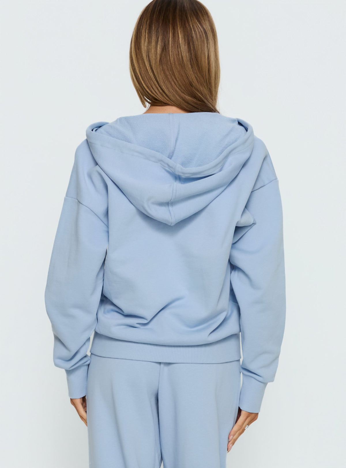 back view of model wearing Princess Polly All Day Oversized Hoodie Icy Blue regular Jumpers 