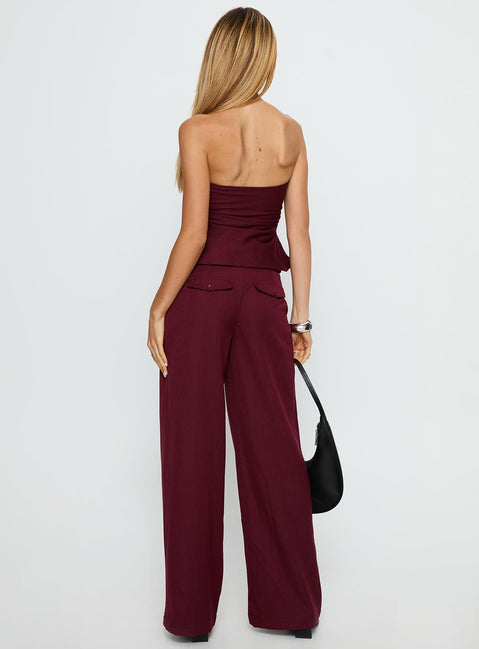 back view of model wearing Princess Polly Jinny Relaxed Buckle Tailored Pants Berry Pinstripe Low Rise Pants Pants 
