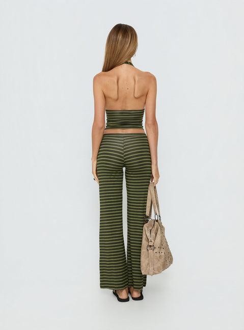 back view of model wearing Princess Polly Esata Tie Detail Pants Green Stripe Mid Rise Pants Pants 