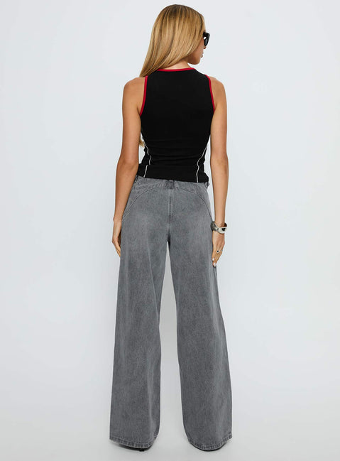 back view of model wearing Princess Polly Mckinley Mid Rise Wide Leg Jeans Washed Grey Mid Rise Jeans 