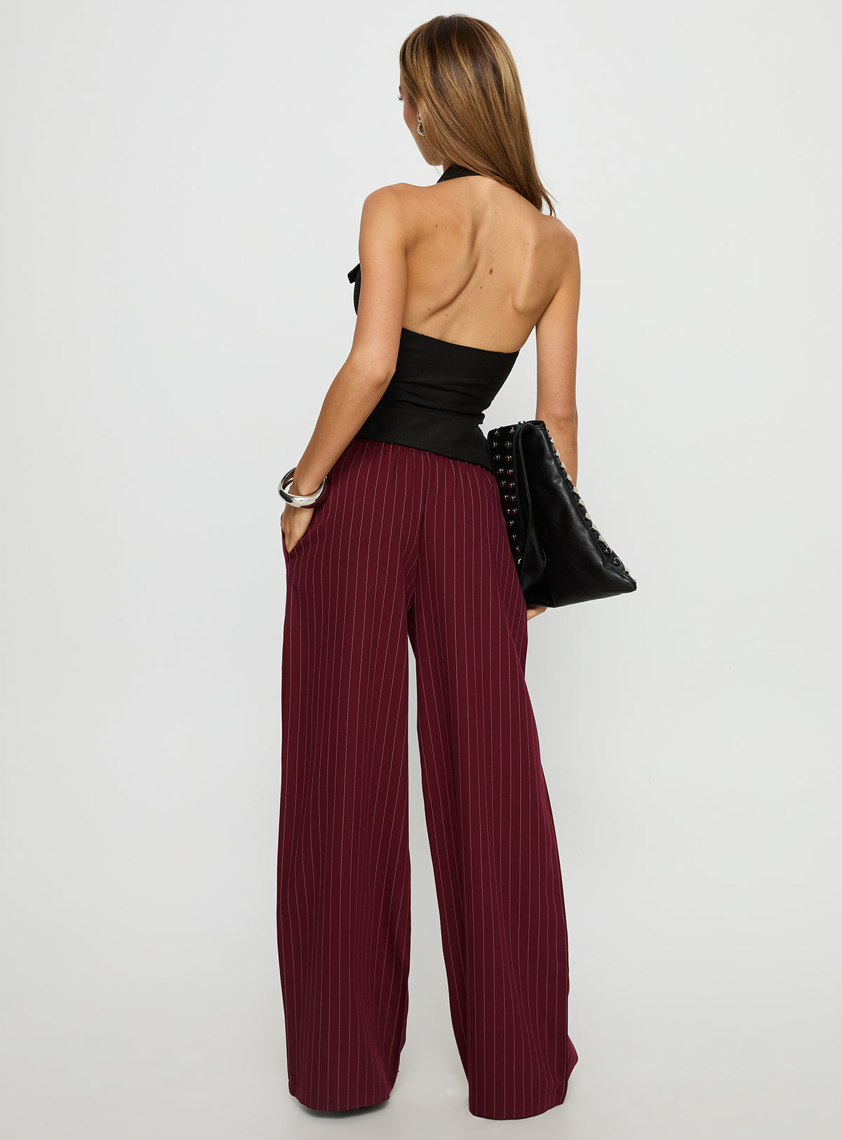 back view of model wearing Princess Polly Jaysa Baggy Wide Leg Pant Burgundy Pinstripe Mid Rise Pants Pants 