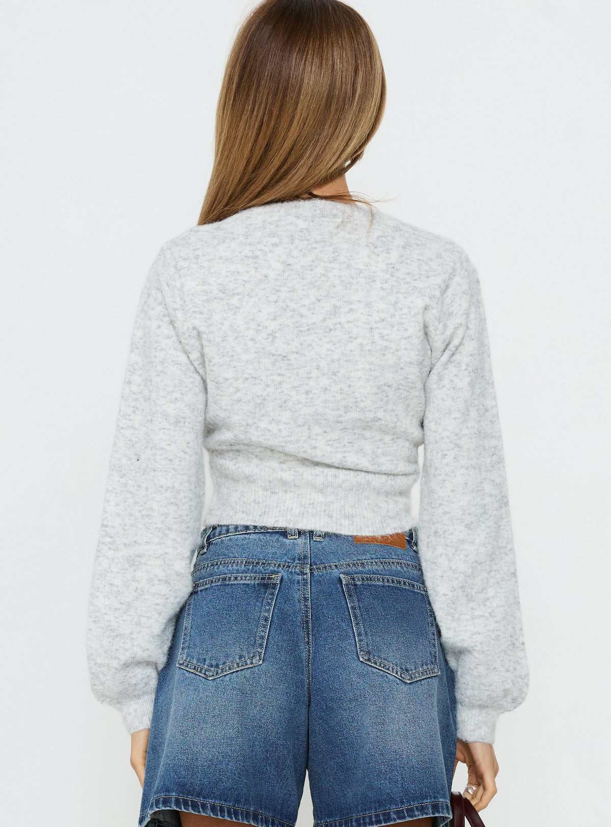 back view of model wearing Princess Polly Dawsen Button Down Cardigan Grey cropped Jumpers 