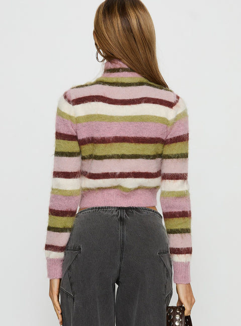 back view of model wearing Princess Polly Keeva Zip Through Knit Jumper Pink / Green Stripe Jumpers 