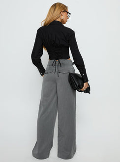 back view of model wearing Princess Polly Jinny Relaxed Buckle Tailored Pants Grey Pinstripe Low Rise Pants Pants 