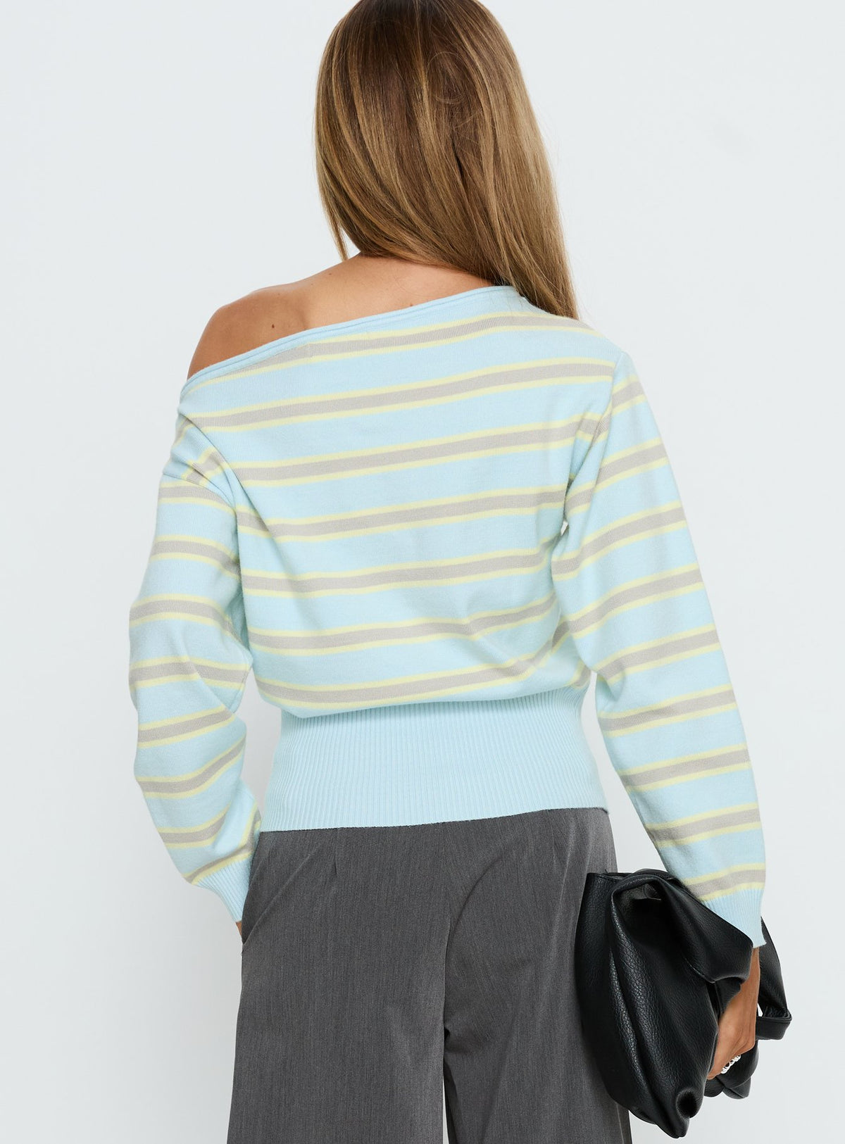 back view of model wearing Princess Polly Zinia Off Shoulder Knit Sweater Grey / Blue Stripe Cropped Jumpers Jumpers 