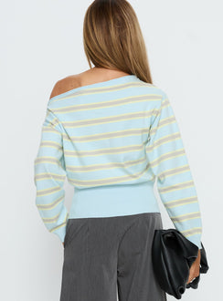 back view of model wearing Princess Polly Zinia Off Shoulder Knit Sweater Grey / Blue Stripe Cropped Jumpers Jumpers 